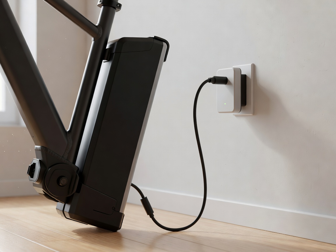 E-bike battery plugged into a wall charger indoors