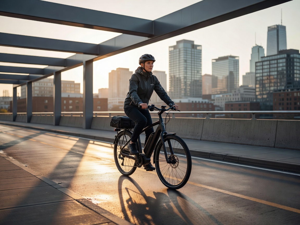 Rider crossing a city bridge on a commuter e-bike
