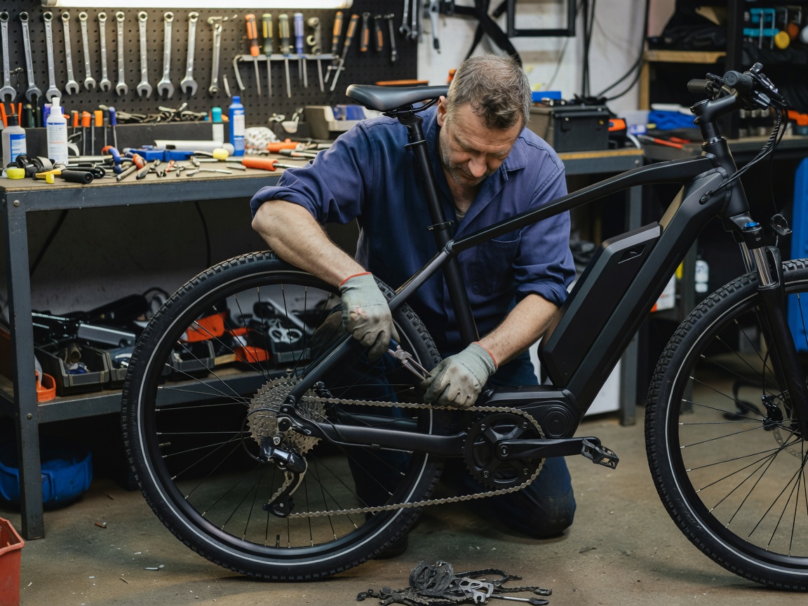 Mechanic replacing a chain on an electric bike in a workshop