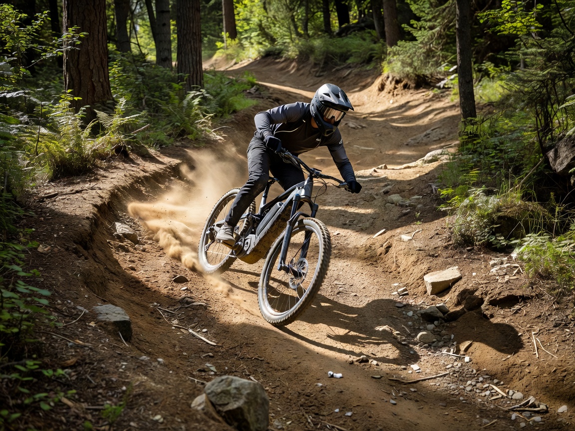 Rider descending a steep dirt trail on an electric mountain bike